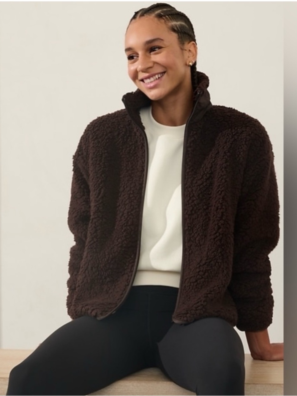 Athleta Cloud Fleece High Pile Truffle Brown Fuzzy Teddy Full Zip Jacket Large